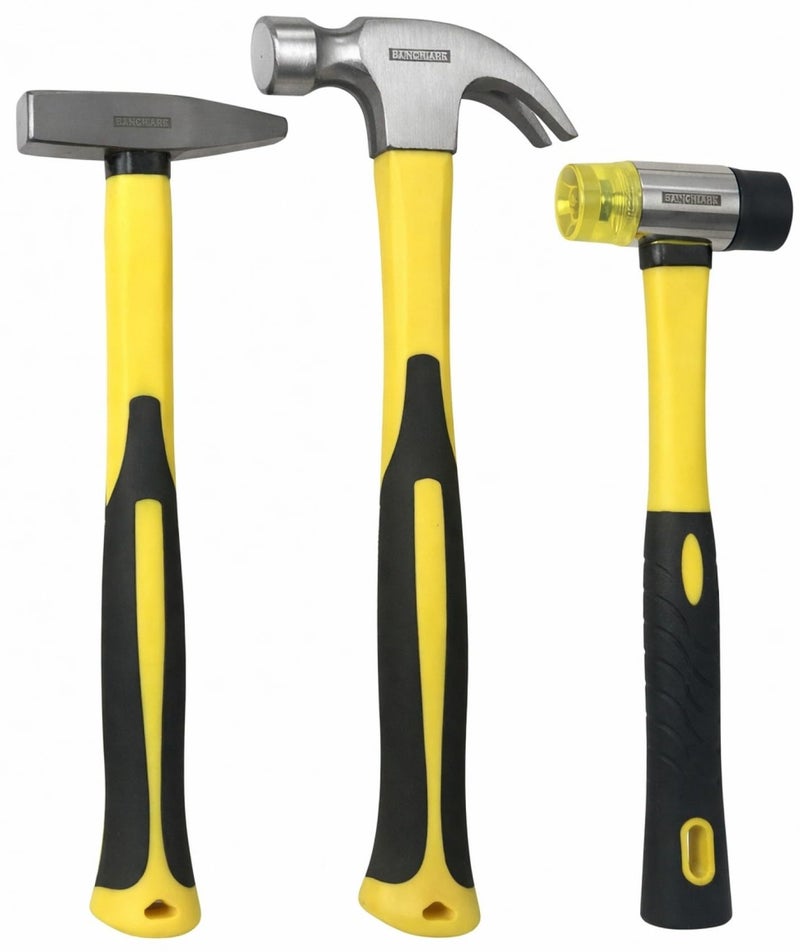 Benchmark - 3 Piece Hammer Set; 16 OZ. Claw Hammer, Tack Hammer; Rubber Mallet (Double SIded); Shock Absorbing Rubber Grips, Durable Fiberglass Handles And Polished Steel Heads